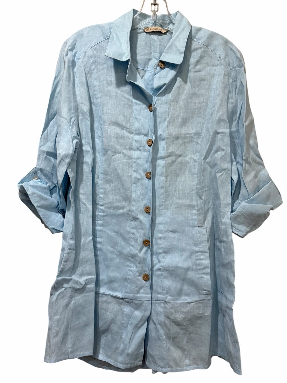 Soft Surroundings Medium Light Blue Linen Wooden Button Down Shirt B4